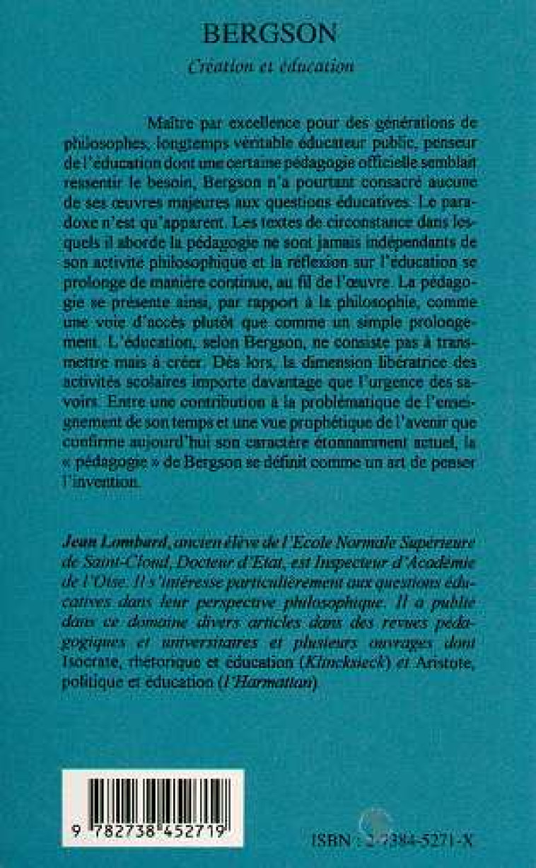 BERGSON CREATION ET EDUCATION - LOMBARD JEAN - L'HARMATTAN