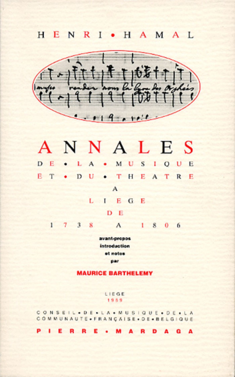 ANNALES DE LA MUSIQUE ET DU THEATRE A LIEGE DE 1738 A 1806 - HENRI HAMAL - Maurice Barthelemy - MARDAGA PIERRE