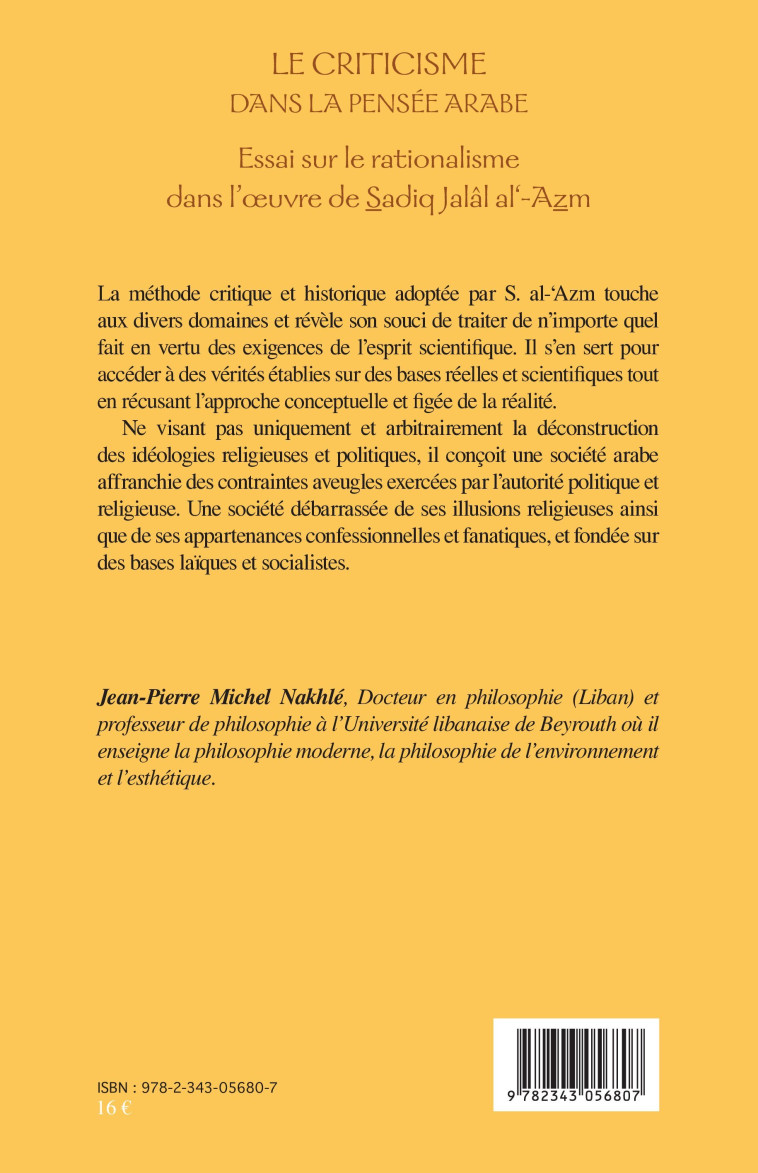 Le criticisme dans la pensée arabe - Jean-Pierre Nakhlé - L'HARMATTAN